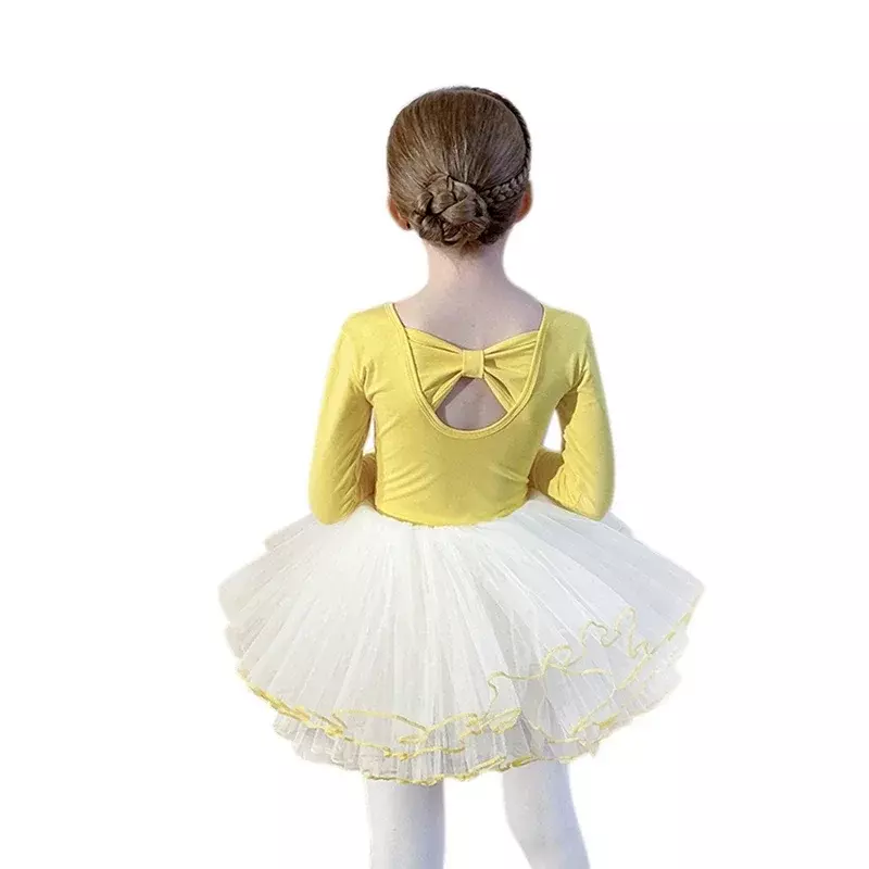 2Pcs Girls' Ballet Dance Suit Solid Long Sleeve V Neck Backless Bow Leotard With Fluffy Tutu Skirt Princess Gymnastics Apparel