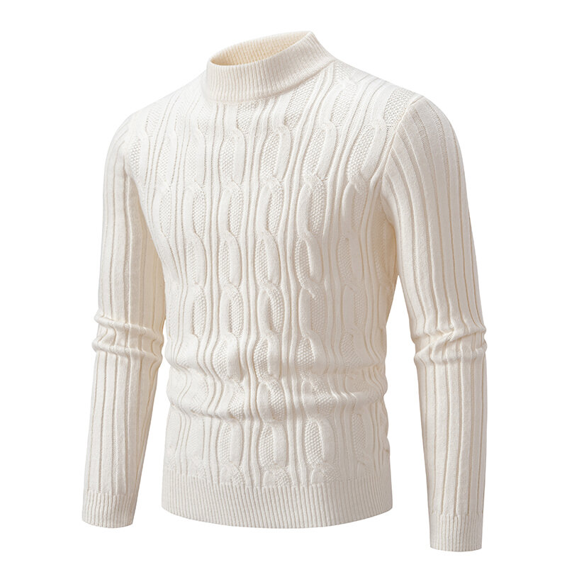 Sweater Jacquard tenun pria, pakaian rajut hangat lengan panjang kasual kerah setengah tinggi warna polos