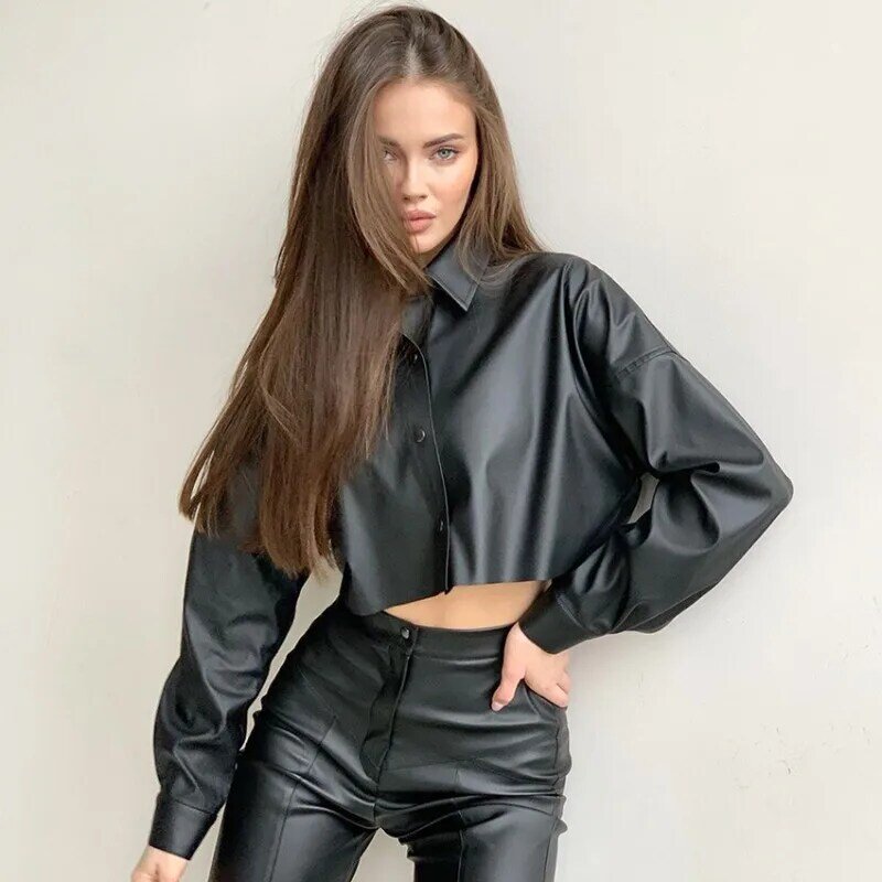 Autumn and Winter Solid Color Fashion Faux Leather Coat Women's Long Sleeve Polo Collar Single Breasted PU Jacket Women