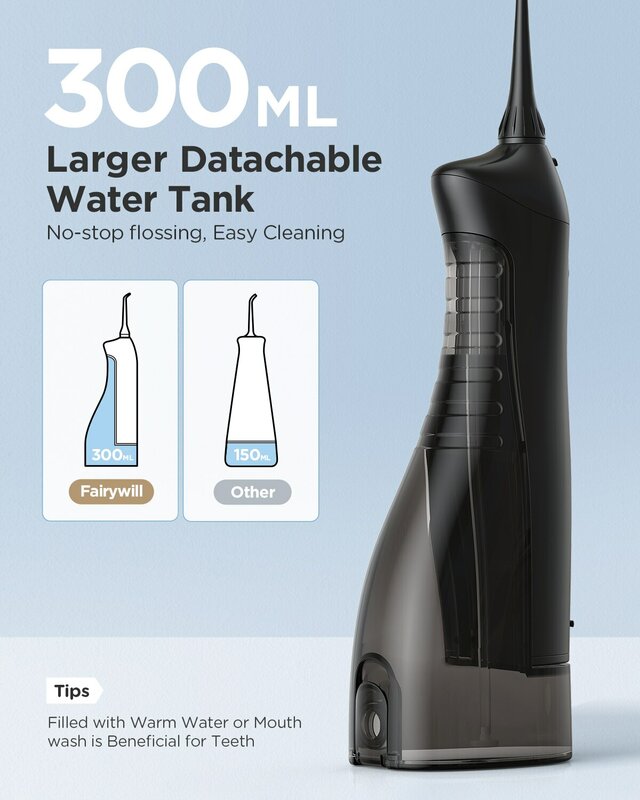 Fairywill Water Flossers Oral Irrigator Rechargeable Portable Dental 3 Modes Water Tank for Teeth 300ML Waterproof Teeth Cleaner