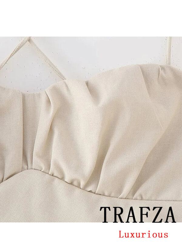 TRAFZA Vintage Casual Chic Women Cami Dress Solid senza spalline Folds Zipper Long Straight Dress Fashion 2024 Summer Female Dress