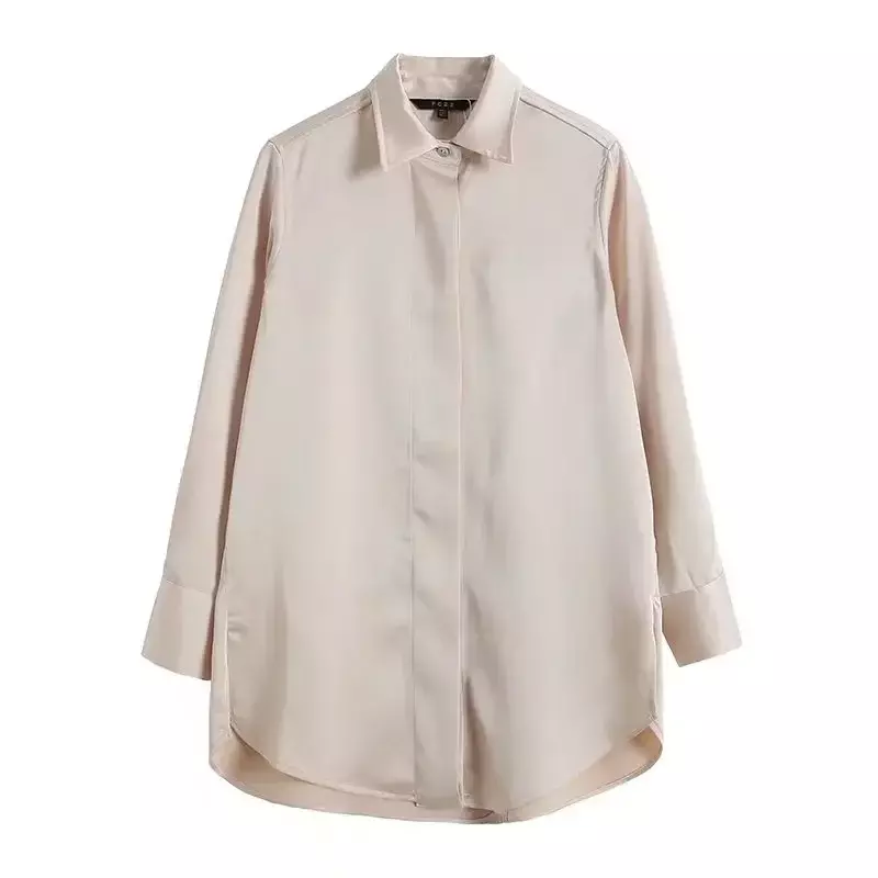 Blusa larga de satén para mujer, camisa de manga larga con botones, estilo retro, elegante, a la moda, 2023
