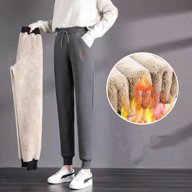 Женские флисовые утепленные спортивные брюки корейская мода осень-зима теплые с высокой талией на шнуровке эластичные свободные повседневные спортивные брюки