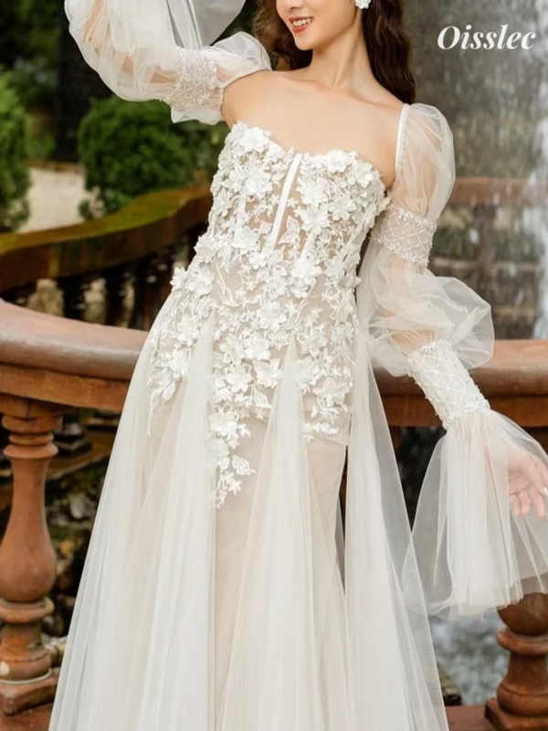 Вечернее платье Oisslec, свадебное платье с кружевной аппликацией, разборное платье с длинным рукавом для выпускного вечера, пушистое платье, женское платье на заказ