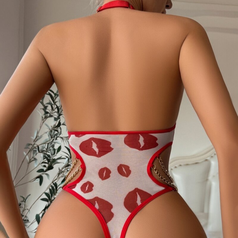 Lingerie seksi tanpa selangkangan bibir merah erotis rantai logam punggung terbuka stoking tubuh wanita erotis dapat dibuka di selangkangan