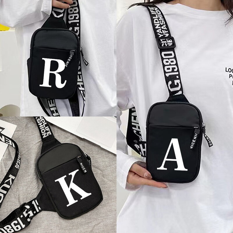 Men Sports Chest Pack Fitness Yoga Mini Chest Bag Wallet  Shoulder Crossbody Bag for Outdoor White Initial Name A To Z Pattern