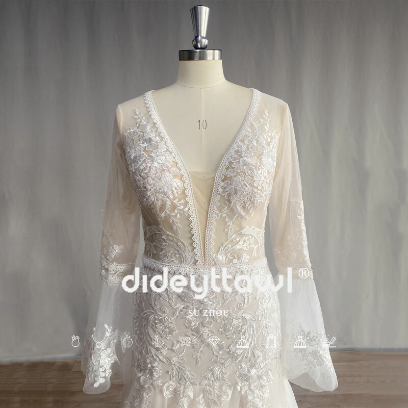 DIDEYTTAWL Real Photo Long Sleeve Boho Wedding Dress Vintage V Neck A-Line Lace Tulle Bridal Gown Bohemian Vestidos De Novia