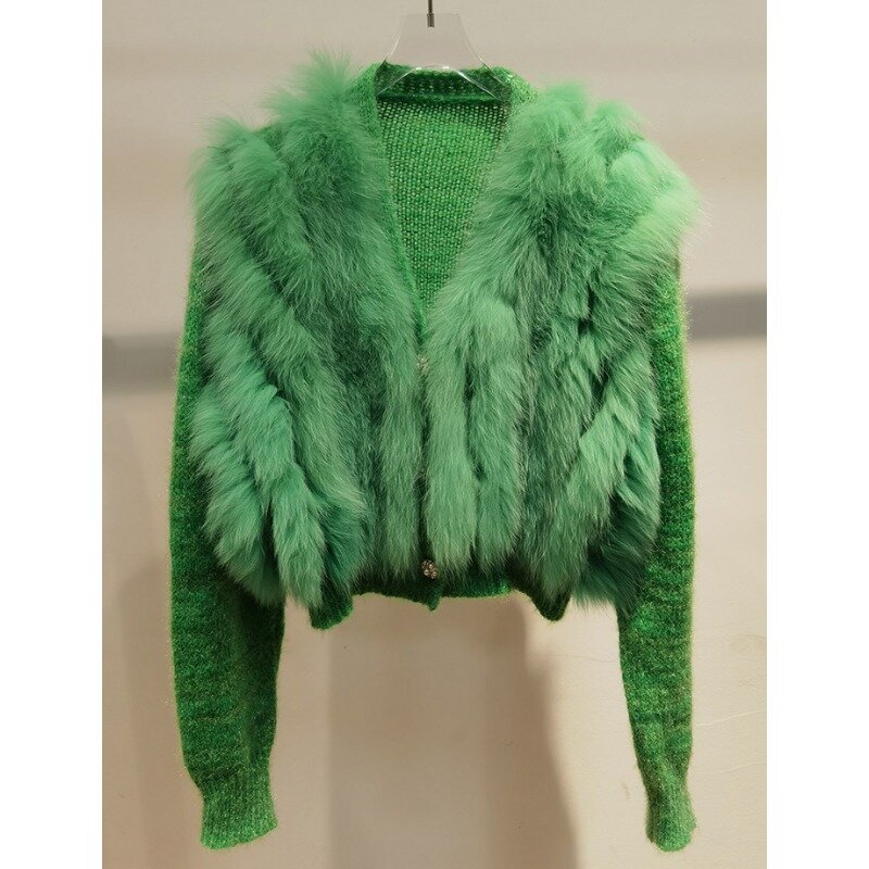 Женский свободный свитер с отделкой из натурального Лисьего меха, осень 2023