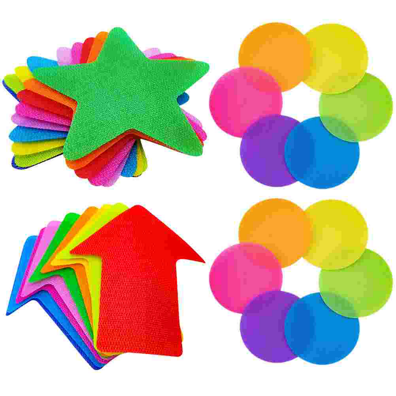 Marcadores coloridos do tapete do assoalho, pontos de aula, círculos mancham o marcador, adesivo sentado, distanciamento social, grupo Multi Up Line