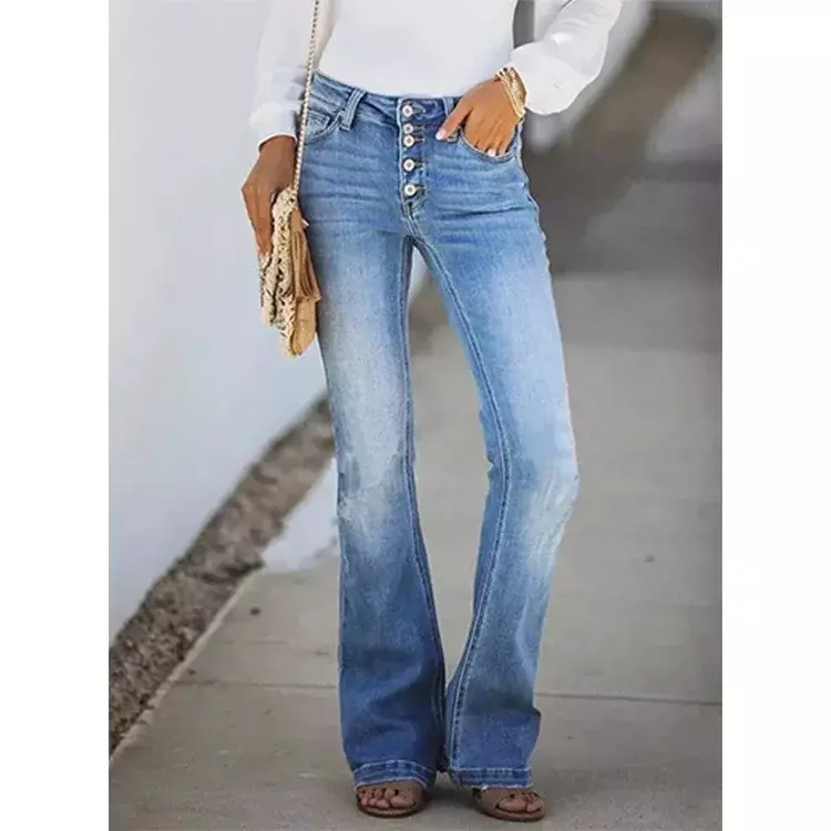 Women Jeans Ankle Length Flare Pants Denim Washing Pockets High Waist Solid Button Distressed Slim Fit Zipper Fly 2024