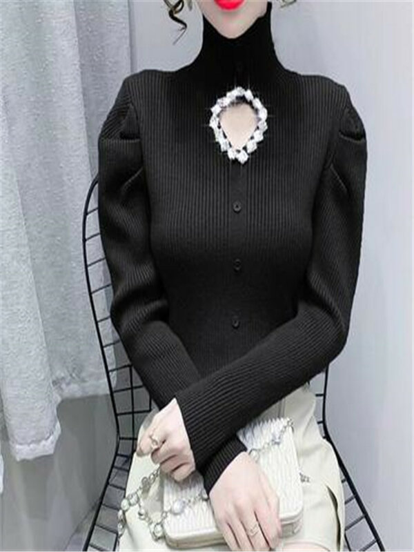 Diamonds Hollow Out Pullover Jumpers Turtleneck Long Sleeve Solid Color Knitted Sweaters Women Slim Fit Pull Femme