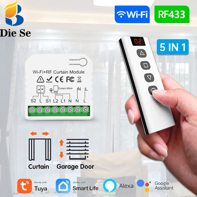 Wifi Rf Gordijn Schakelaar Tuya Smart Life Rolluik Module 433Mhz 5-In-1 Afstandsbediening, Voor Garagedeur Raam Jaloezieën