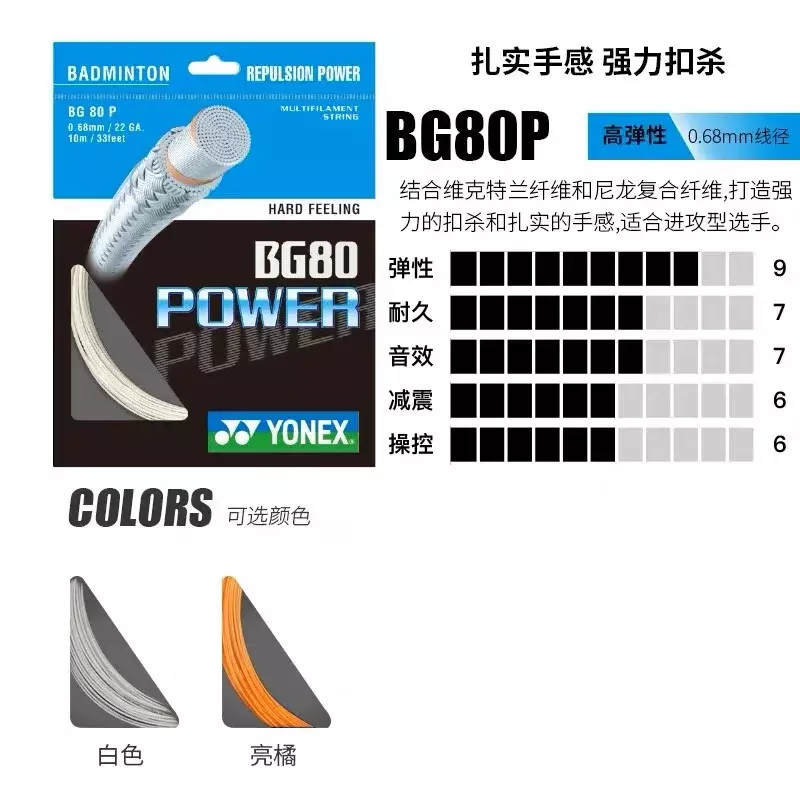 YONEX Badminton Racket String BG80 Power (0.68mm) Endurance High Elastic Professional Training Competition Badminton String