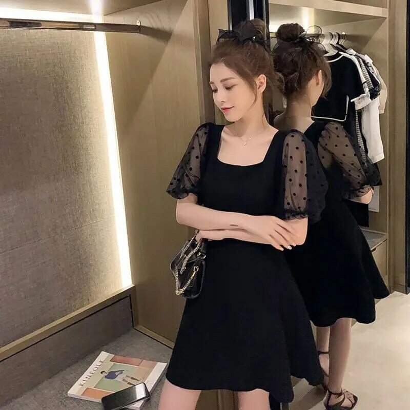 2024 Lente/Zomer Koreaanse Editie Nieuwe Taille Afslankstijl Combinatie Chiffon Jurk Zwarte Mode Jurk