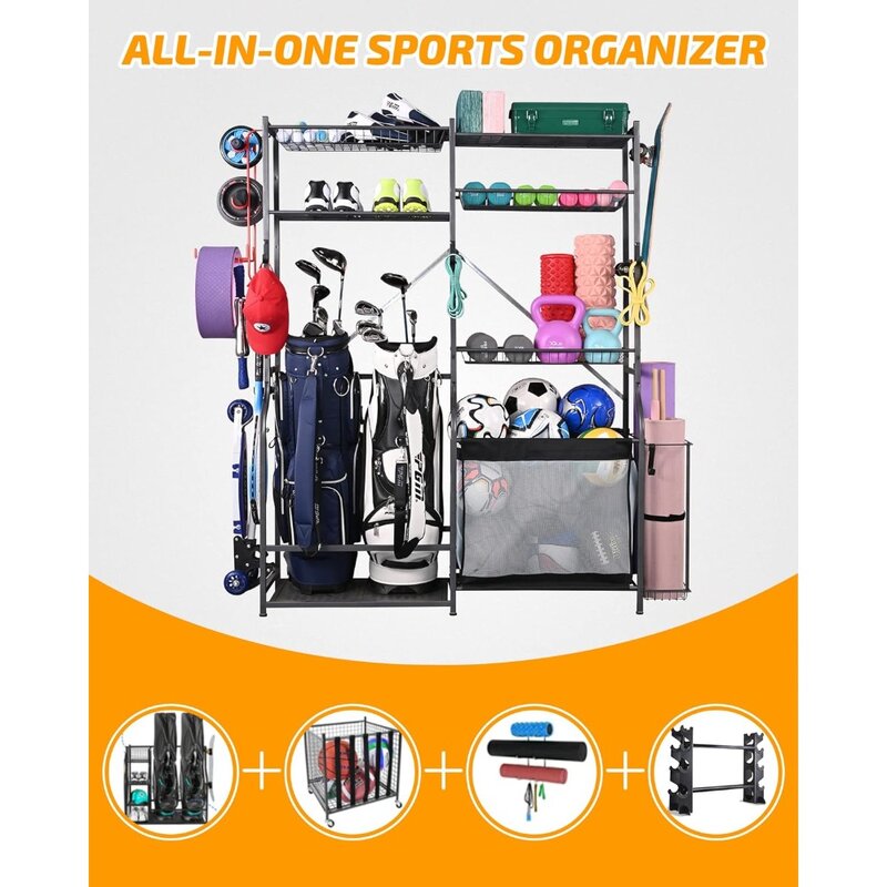 PLKOW-estante de almacenamiento para pelotas de Golf, organizador de garaje, 2 bolsas de Golf y otros equipos deportivos, organizador para garaje