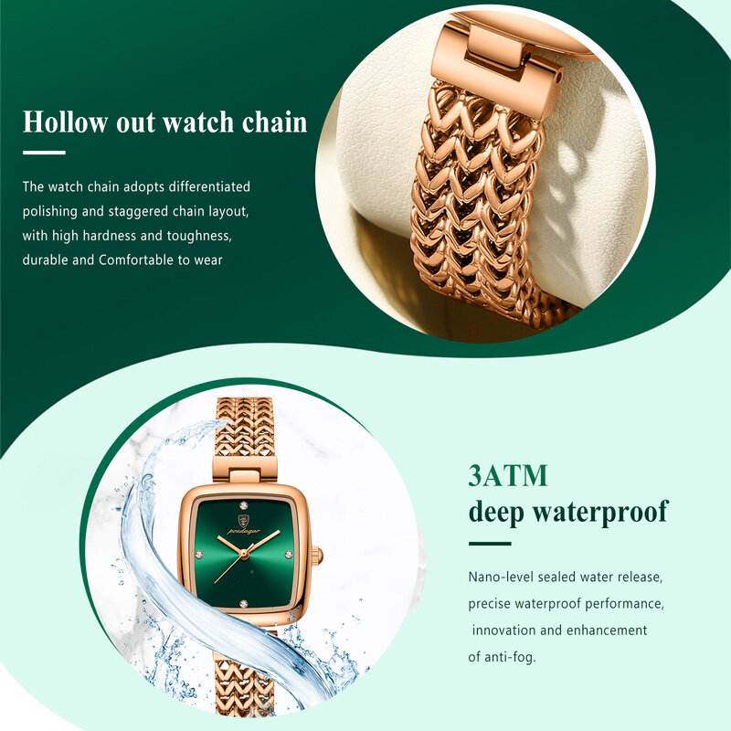 Poedagar-Relógio quadrado de luxo para mulheres, aço inoxidável impermeável, quartzo feminino, relógios elegantes, moda