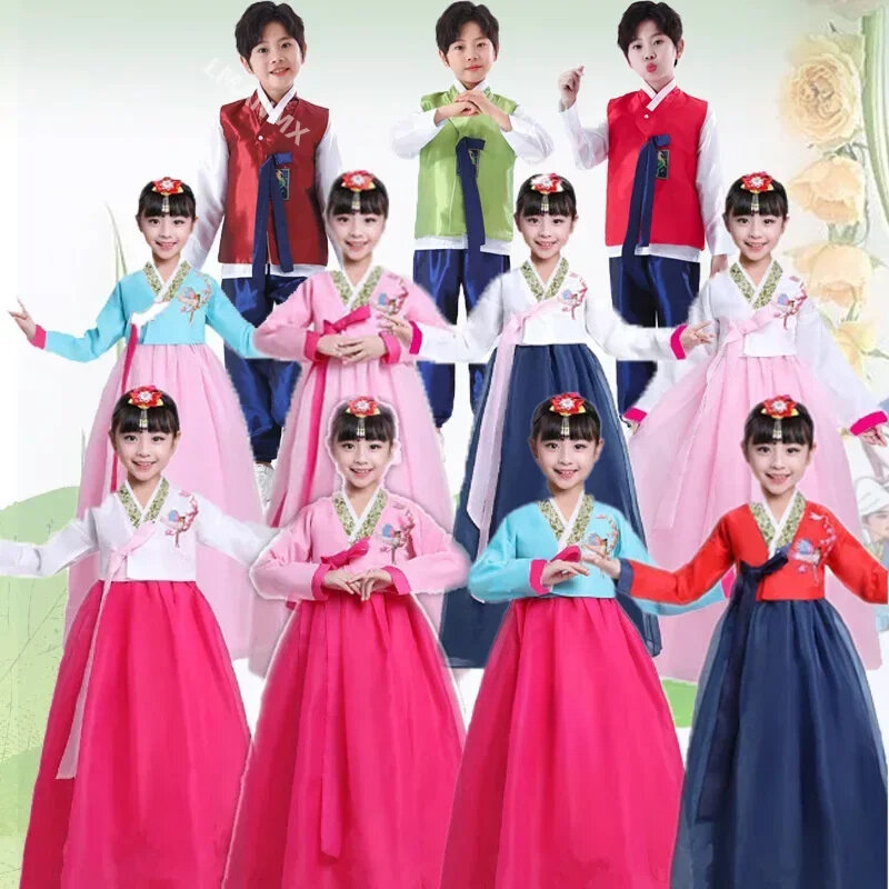 Traje de dança coreana hanbok infantil, performance de minorias étnicas, vestido nacional hanbok para homens e mulheres, vestido infantil
