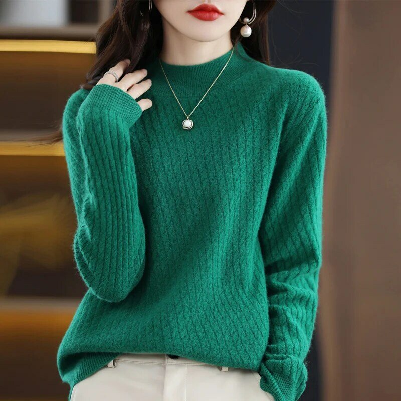 100% maglione di cashmere merino maglione traforato da donna pullover a maniche lunghe a collo alto pullover caldo in autunno e inverno.