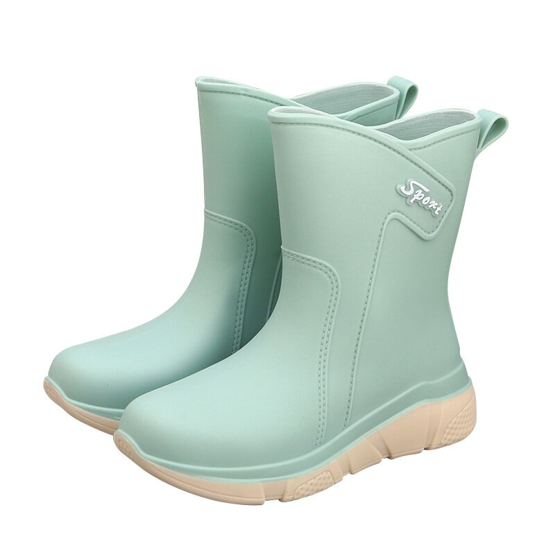 Fashion Rain Shoes Women Mid Tube Anti Slip Durable Rain Boots Lady Kitchen Car Wash Student Waterproof Thick Sole Water Shoes