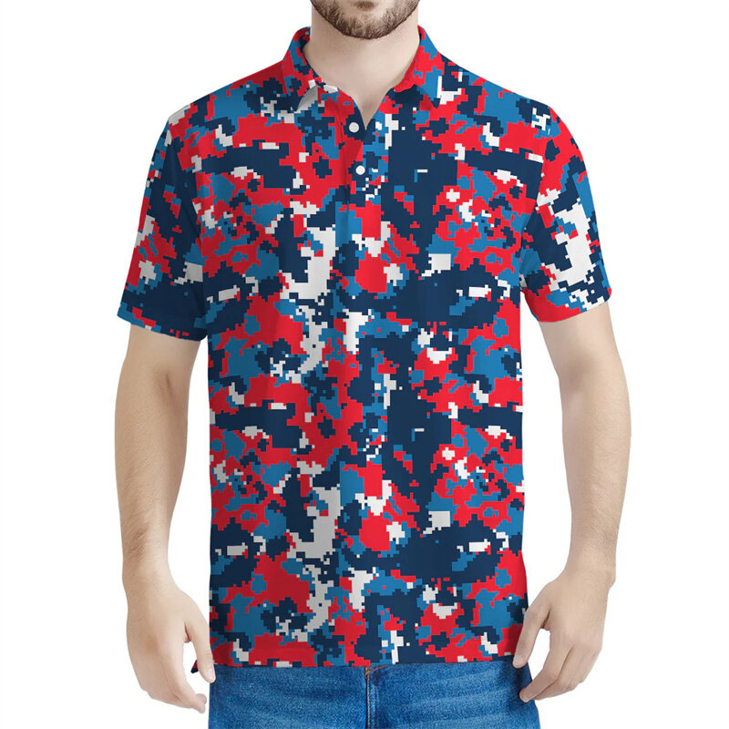 Hawajskie koszulki polo z kwiatowym wzorem moro Męskie koszulki polo z nadrukiem 3D Sportowe koszulki polo z krótkim rękawem i klapami na zewnątrz