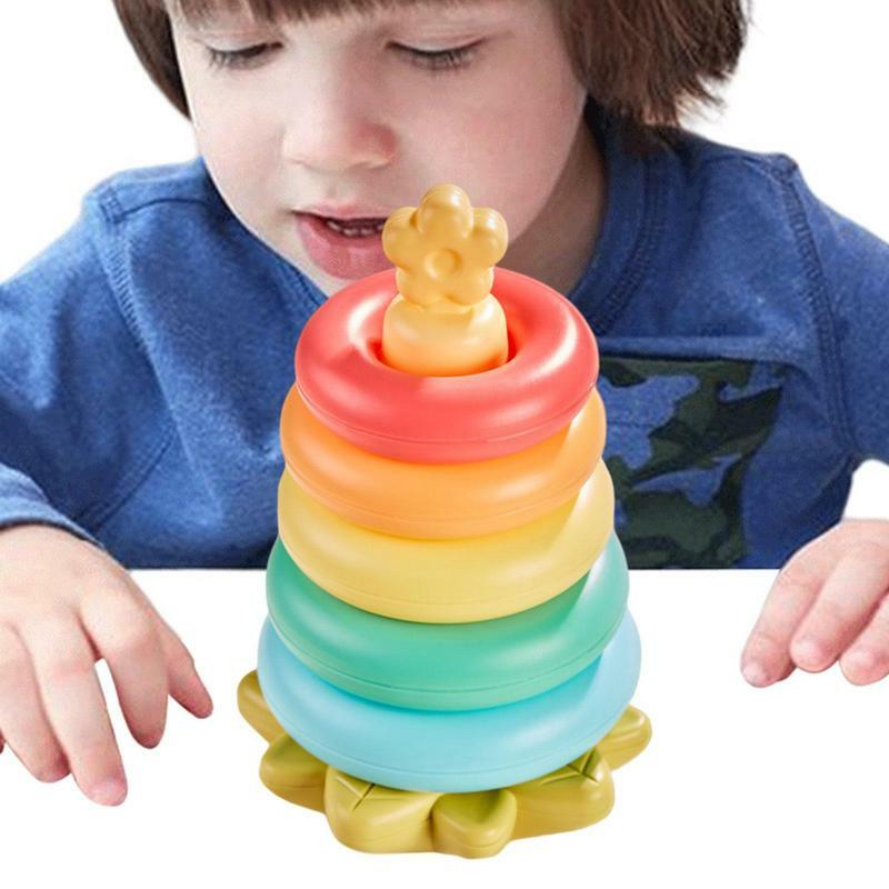 Mainan Montessoris anak-anak, cincin menara susun pelangi, alat bantu pendidikan dini, mainan belajar tumpuk untuk hadiah ulang tahun bayi