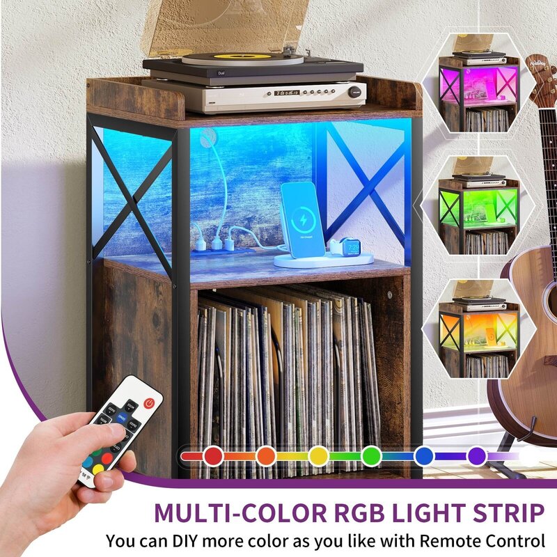 US  Record Player Stand Turntable Storage Audio Cabinet with LED Light Bedroom Table
