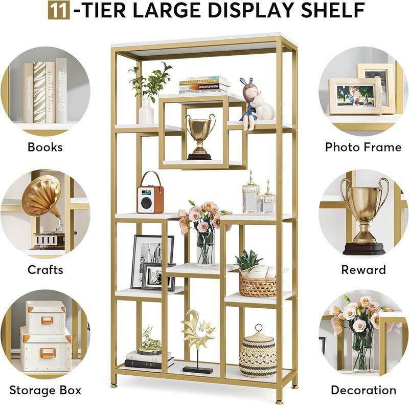 Tribesigns 71 Gold Etagere Bookss, Free Standing Book Shelf for Living Room, Bedroom, Home Office, Gold & White