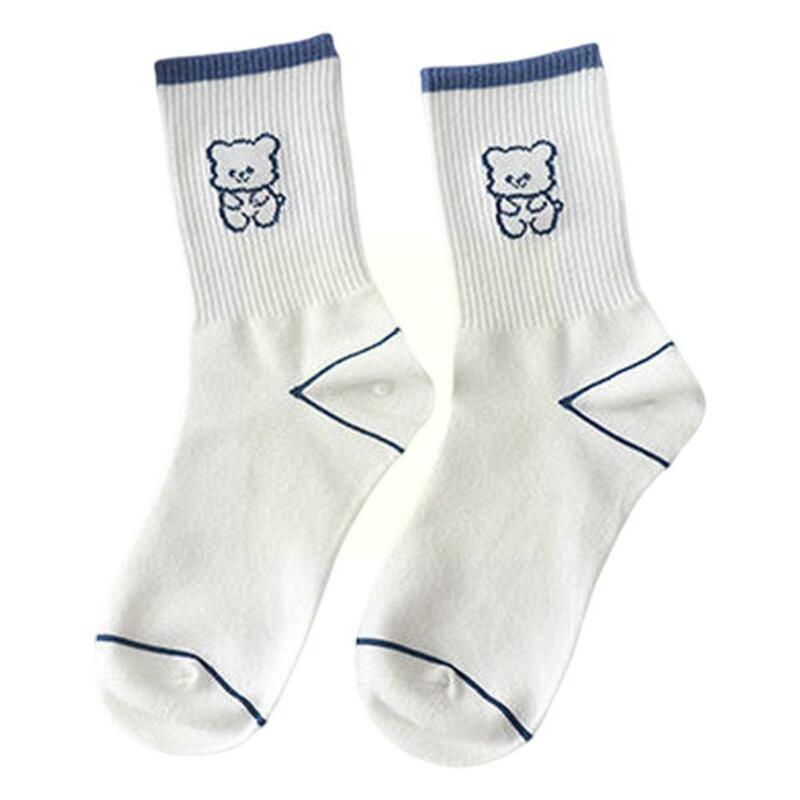 Женские носки с мультяшным медведем, осенне-зимние Синие Клетчатые хлопковые носки с японским счастливым подарком для студентов, корейская мода, T4q0