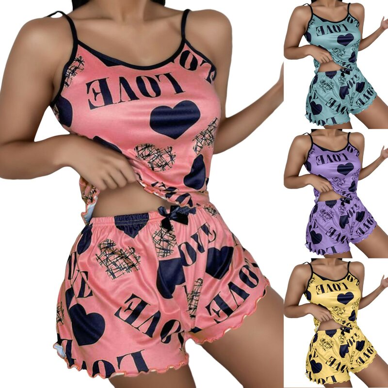 Conjunto de Pijama con tirantes finos para mujer, ropa de dormir Sexy con estampado de letras, sin mangas, pantalones cortos de encaje