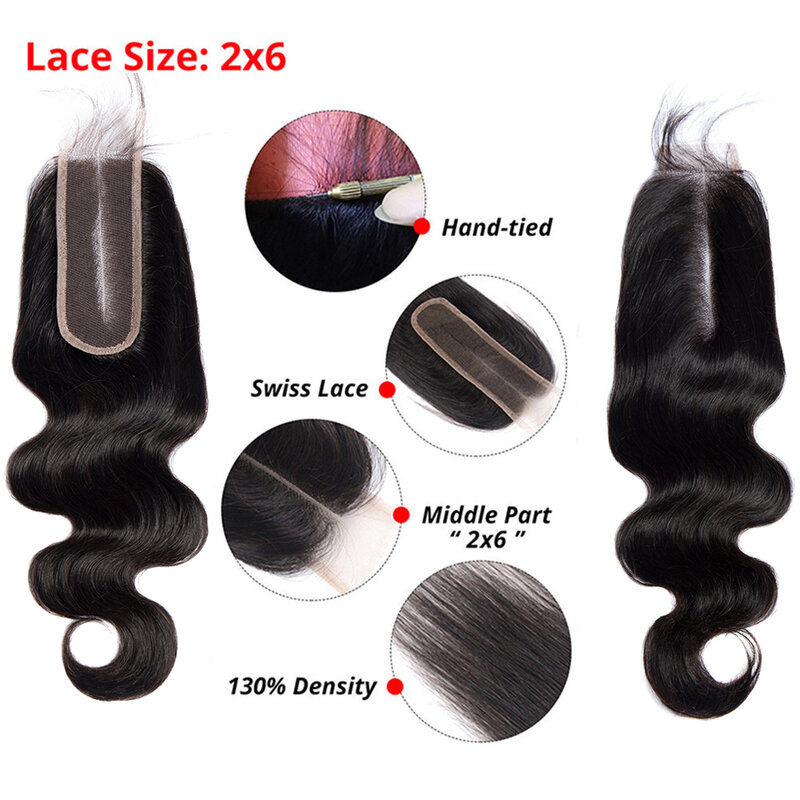 Extensiones de cabello humano con cierre de encaje transparente para mujer, cabello liso, prearrancado Color Natural, onda corporal, 2x6, 2x6