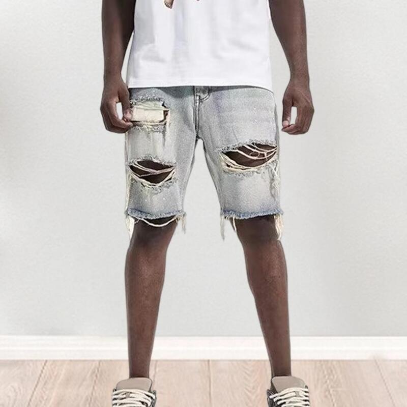 Men Denim Shorts Men's Summer Distressed Denim Shorts Stylish Button Fly Jeans with Ripped Holes Multi Pockets for A Trendy