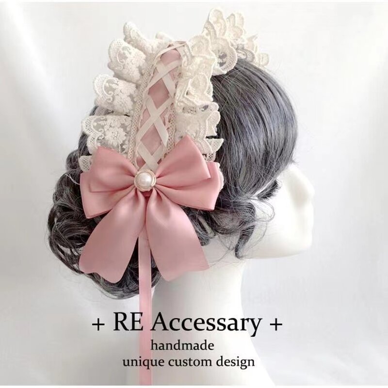 โบว์ริบบิ้น Hairband Hairpins หญิง Lolita ลูกไม้ Ruffled Headband หวาน Star เย็บปักถักร้อย Anime Maid คอสเพลย์ Headdress