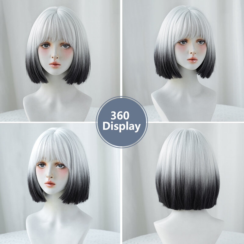 7JHH WIGS Lolita Wig Synthetic Short Straight Black Bob Wig for Women High Density Black Ombre White Wigs with Bangs Costume Wig
