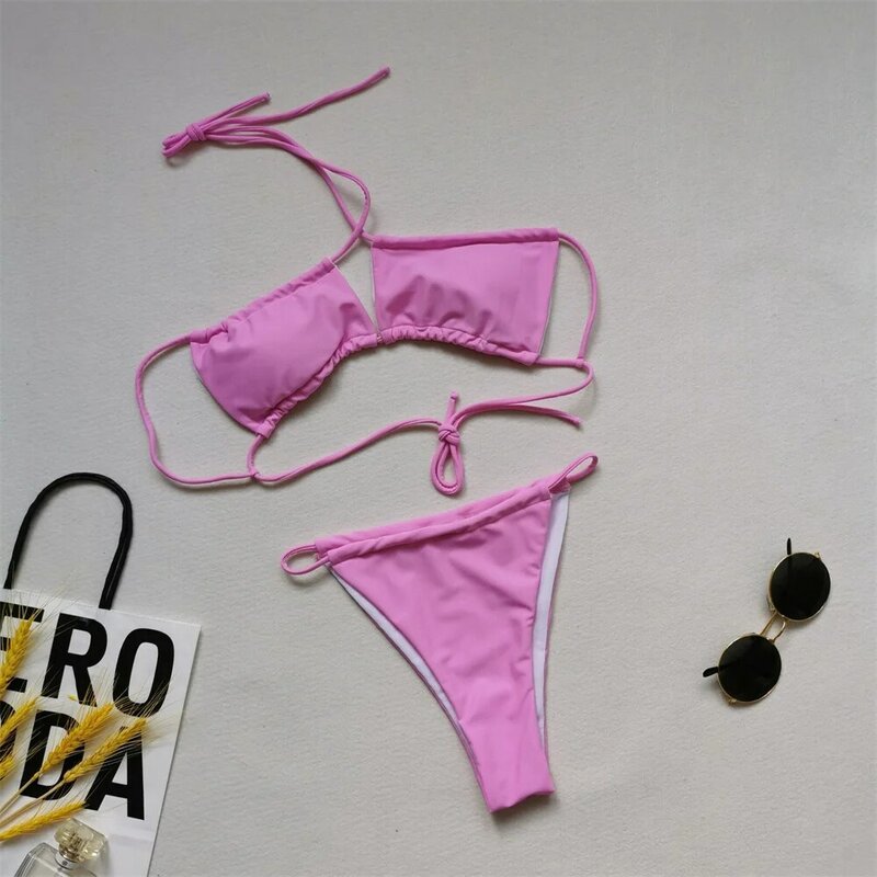 Bikini con Tanga para mujer, traje de baño de dos piezas con espalda descubierta y cordones, estilo brasileño Y2K, 2024