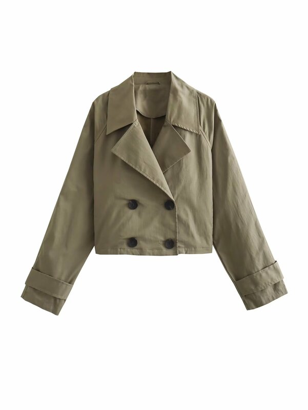 Odzież damska Plus Size krótka wiatrówka z długim rękawem z podwójną klapą dwurzędowa kurtka w stylu ulicznym modny Mini płaszcz