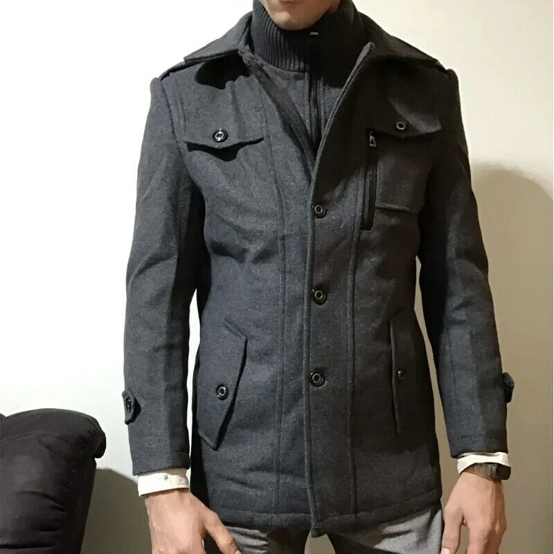 남성용 따뜻한 양털 코트, 캐쥬얼 신사, 모직 롱 코트, 칼라 재킷, 겨울 2024, 새로운 패션