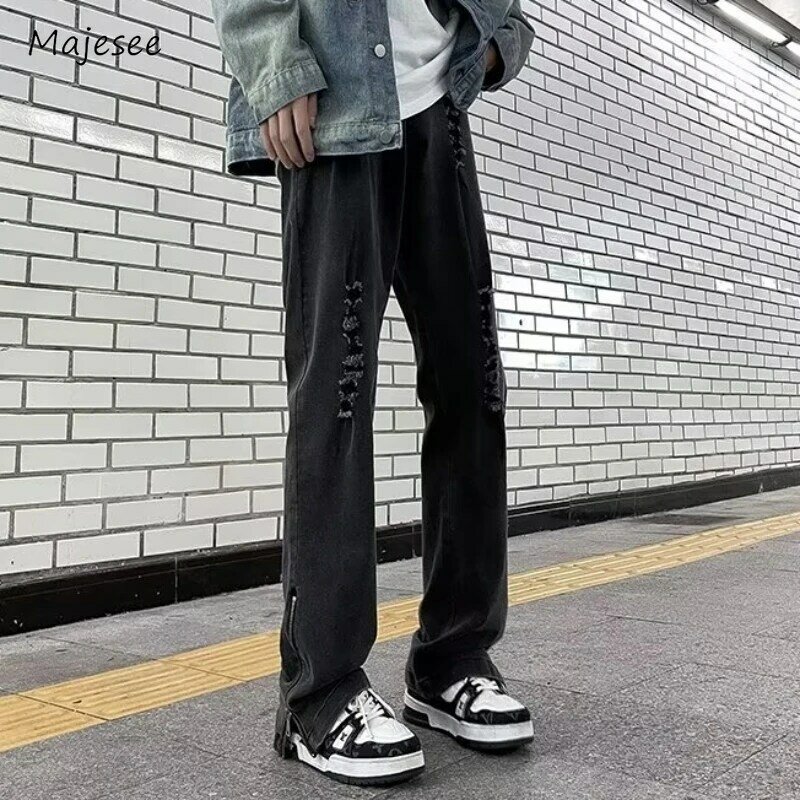 Jeans uomo strappato a figura intera stile Preppy giapponese Streetwear primavera autunno cerniere Hipster minimalista Slouchy vitalità giovanile