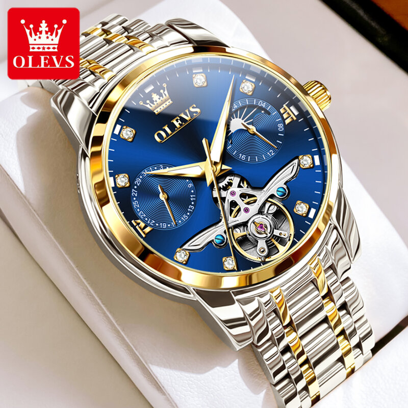 OLEVS สายนาฬิกาสแตนเลสของขวัญนาฬิกาข้อมือธุรกิจกลไก6703ส่องสว่างรอบหน้าปัด