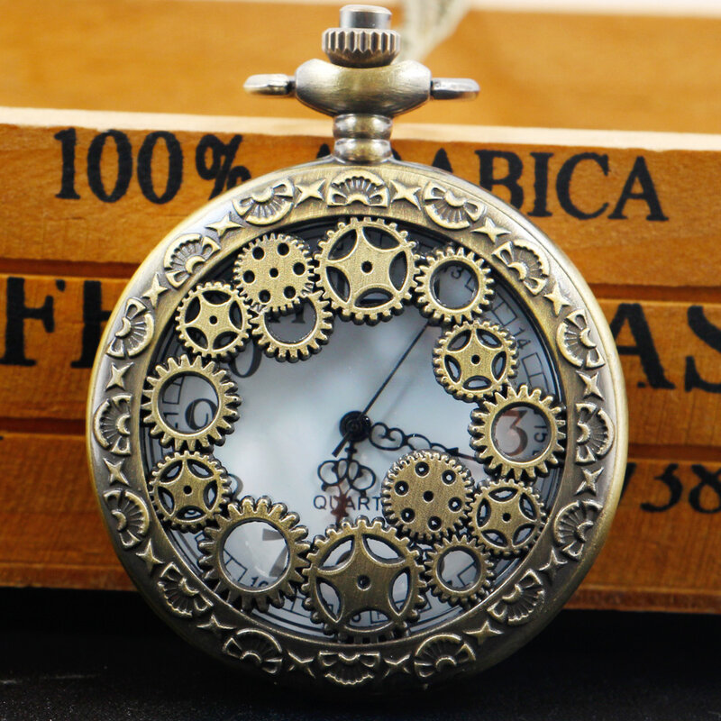 Reloj de bolsillo de movimiento de cuarzo de bronce, engranaje hueco, COLLAR COLGANTE, regalo con cadena colgante, regalos para mujeres o hombres con cadena Fob