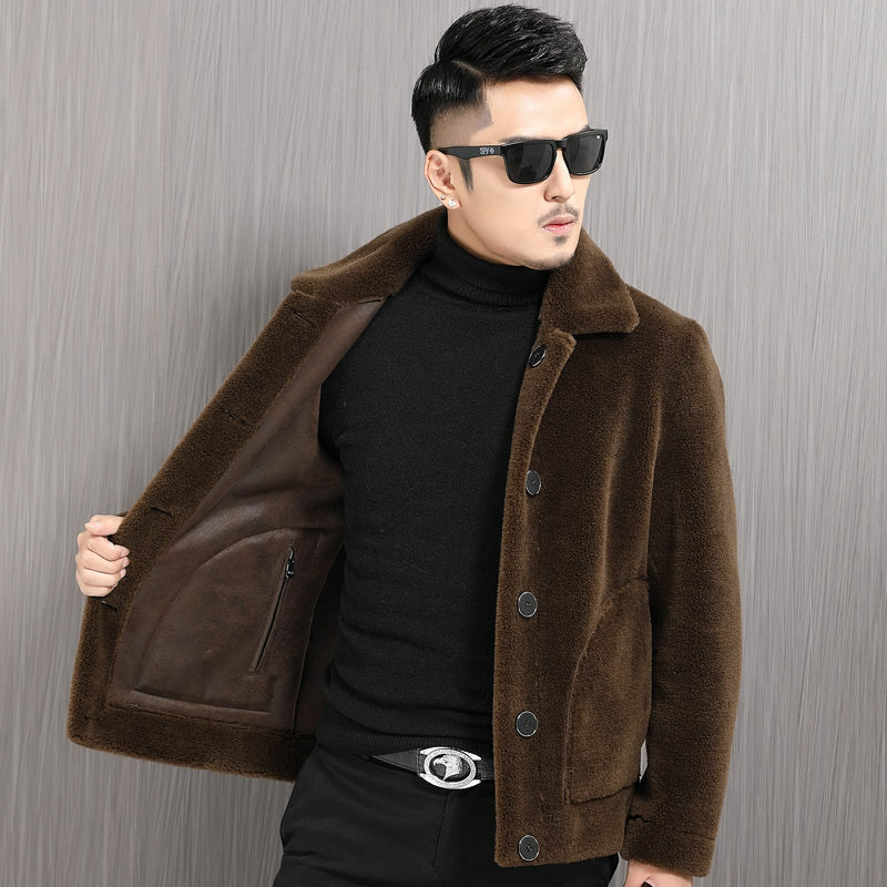 Winter New Faux Fur Woolen Coat Men Turn Down Collar Button Fashion Warm Casual Jacket Outwear Thickening Overcoat A27