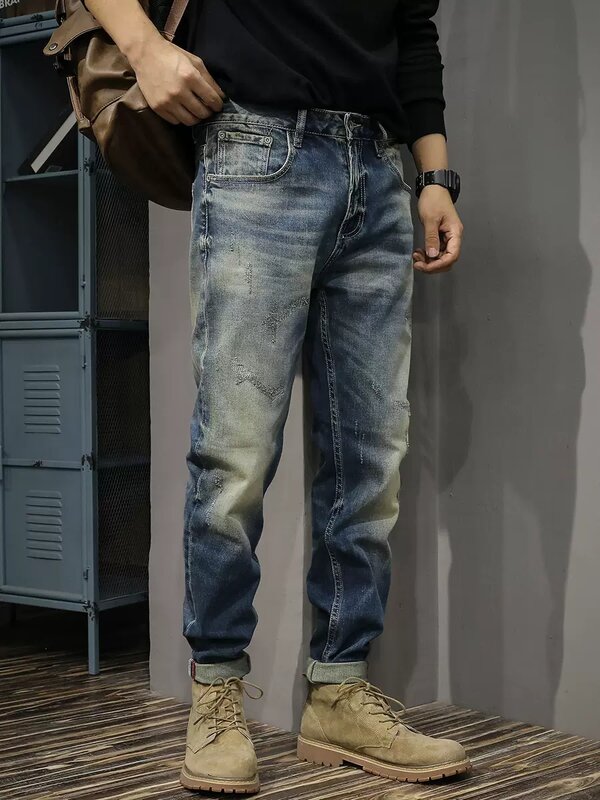 Джинсы мужские Стрейчевые в стиле ретро, модные дизайнерские Синие рваные джинсы Slim Fit, винтажные брюки из денима с заплатками