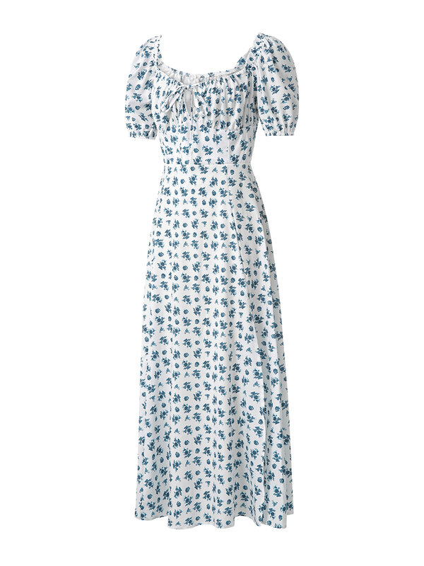 Elegancka damska długa sukienka z kwiatowym wzorem krótki bufiasty rękaw kwadratowa dekolt z falbanką huśtawka plażowa hawajska sukienka Maxi