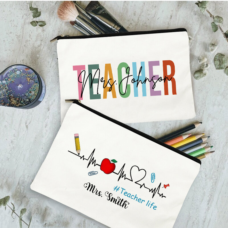 Saco de maquiagem personalizado com nome personalizado para professores, sacos de lápis, cosméticos, bolsa de lona, presentes de agradecimento para professores