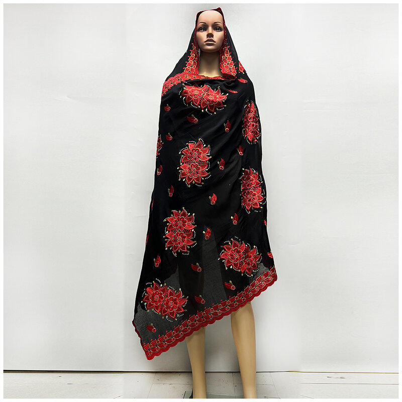 High Quality 100% Cotton Fabric Rayon Cotton Thread Eembroidered Scarf African Women Hijab Muslim Scarf Dubai Excellent Style