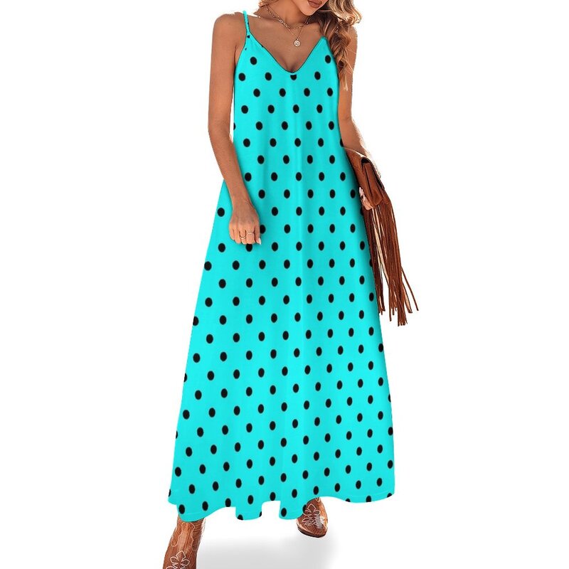 Turquoise black polka dot , Sleeveless Dress evening dress woman women's fashion dresses
