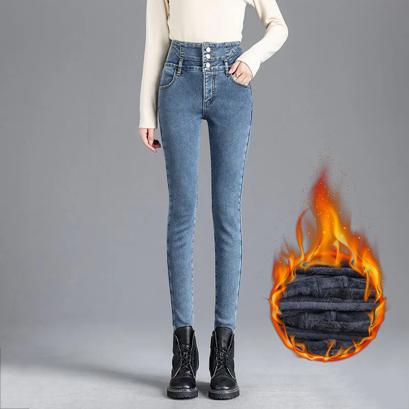 Jeans de pelúcia de cintura alta feminino, calças jeans finas, calças de inverno, leggings lápis skinny, streetwear vintage