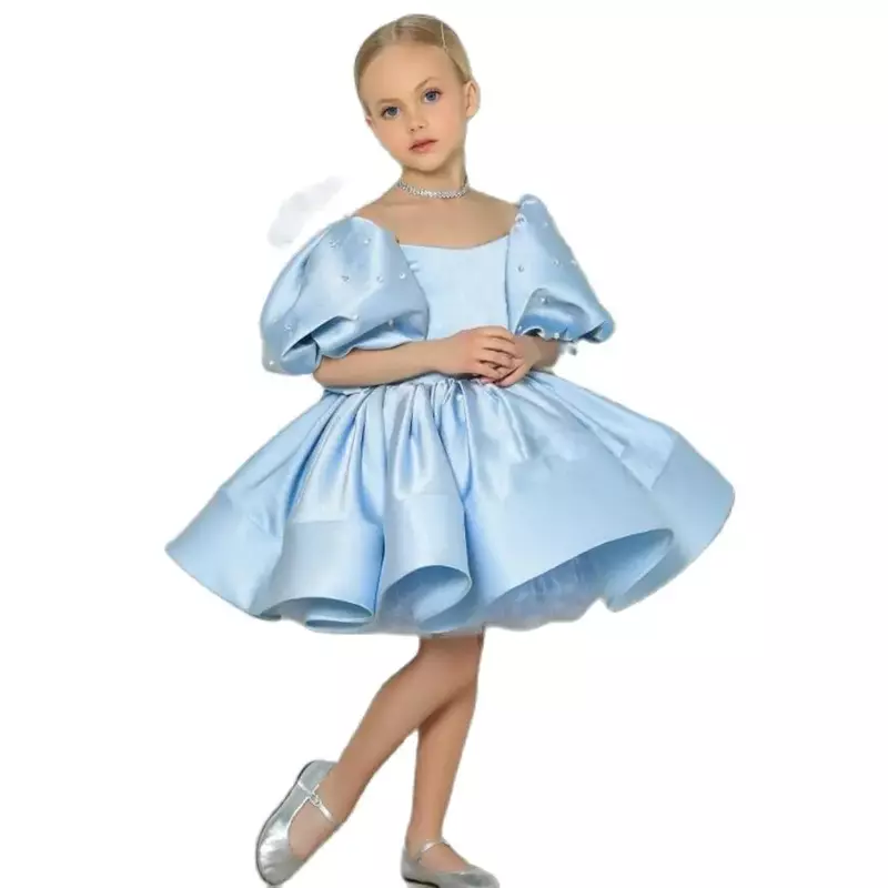 Sparkling Pearls Flower Girl Dress Boat Neck Puffy Sleeves Knee Length Puff Girls Party Dresses for Wedding Kids Pageant Gown