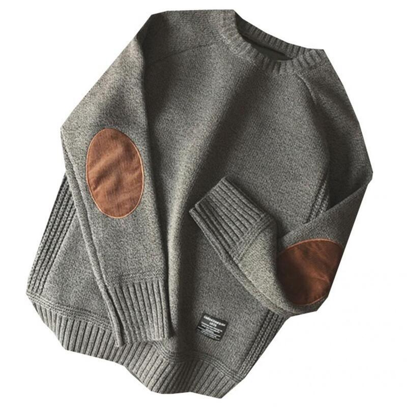 Stylowy z wycięciem pod szyją w stylu Casual męski sweter elastyczny męski sweter z okrągłym dekoltem patchworkowy rękaw zimowy sweter na randki