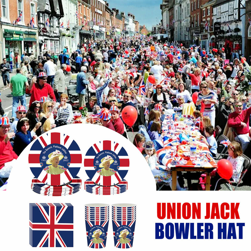 114pcs Queen's Jubilee Dinnerware Set 2022 70th Jubilee Union Jack Flag Tableware Great Britain Bunting Flag Street Party