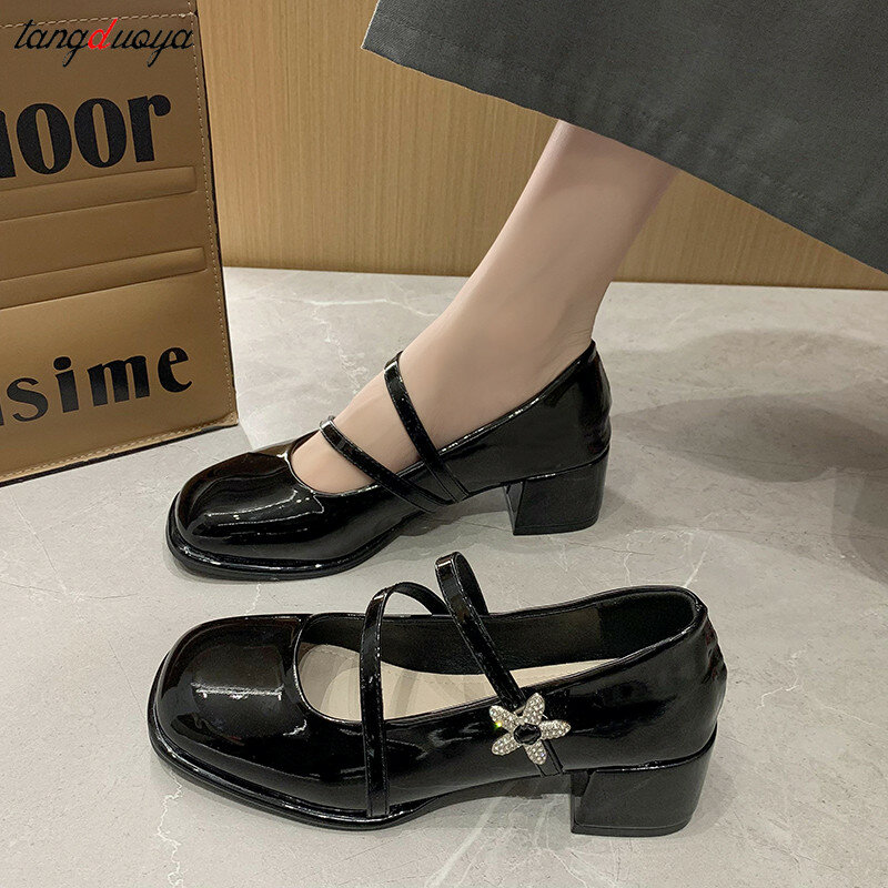 Retro black high heels women's New design star buckle Mary Jane shoes fashion elegant square heel single shoes women's shoes
